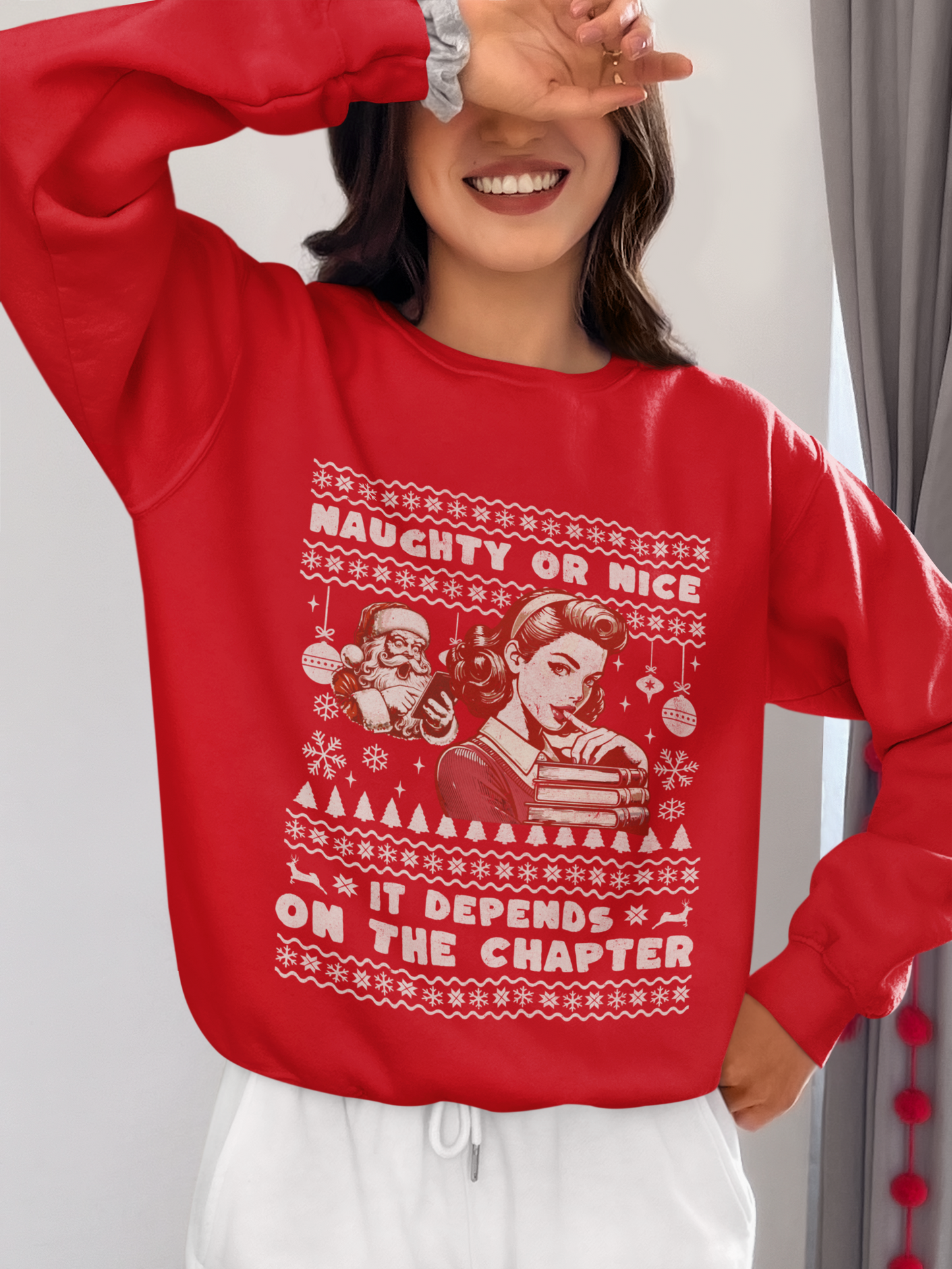 Vintage "Naughty or Nice" Christmas Crewneck Sweater – Holiday Humor with a Retro Twist, a perfect gift for the Romance Reader in your life