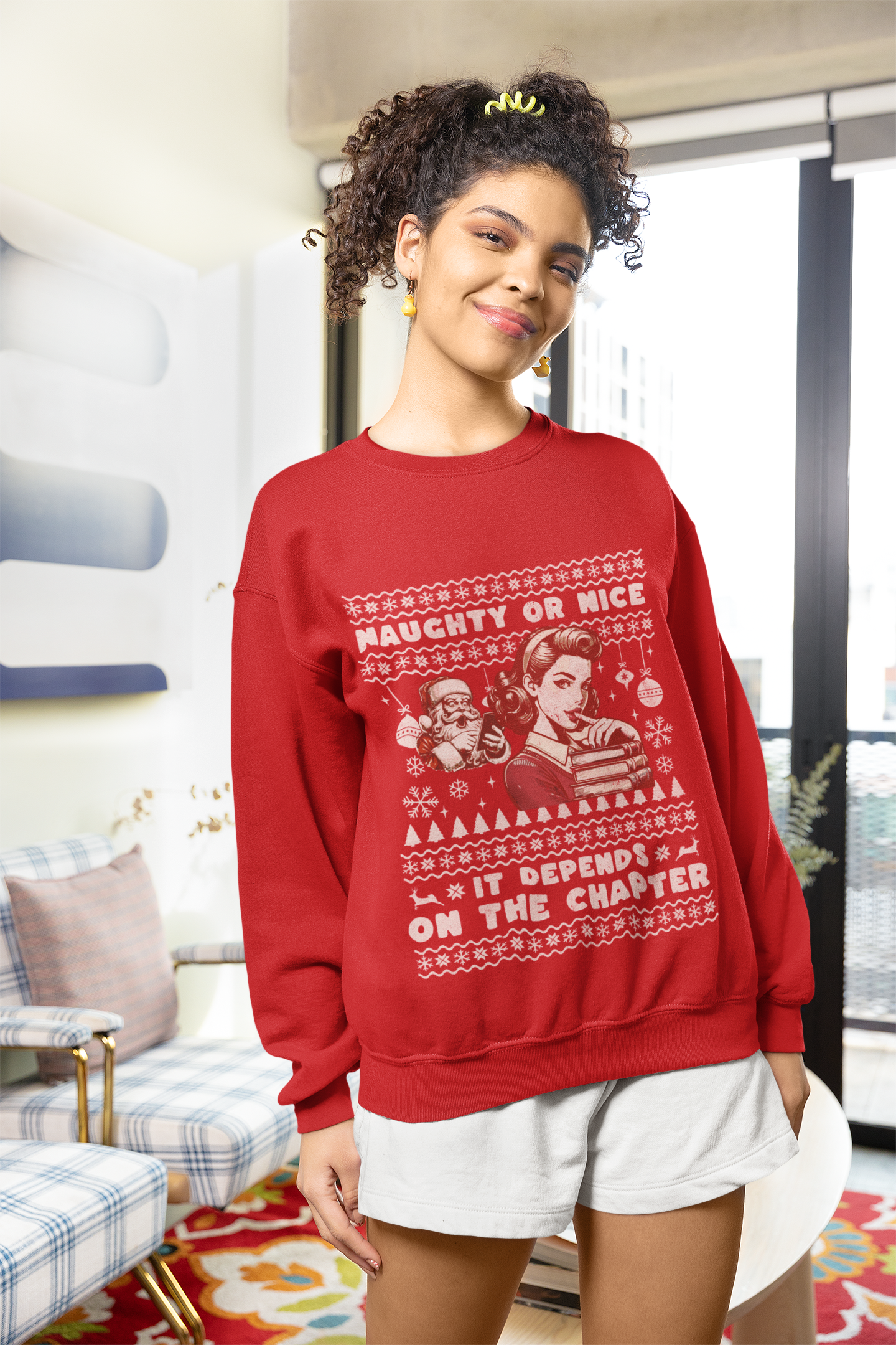 Vintage "Naughty or Nice" Christmas Crewneck Sweater – Holiday Humor with a Retro Twist, a perfect gift for the Romance Reader in your life