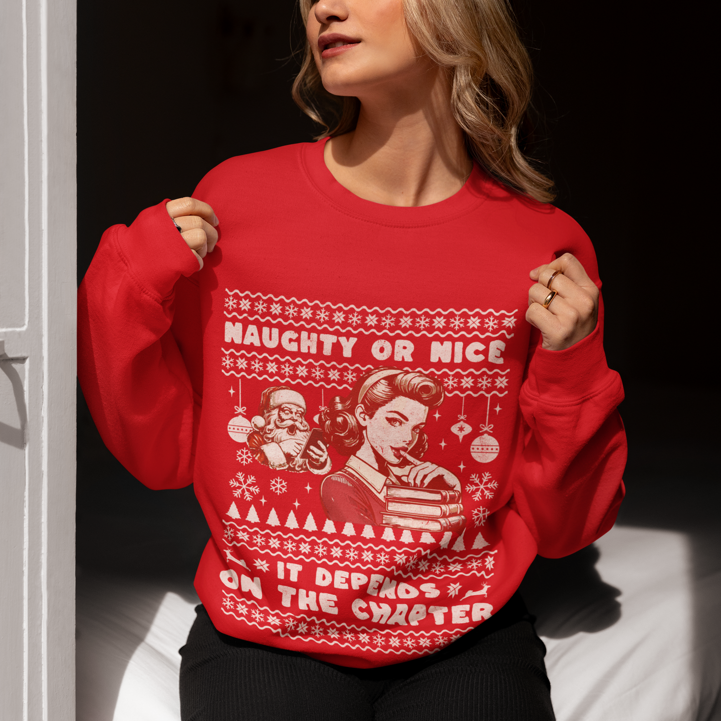 Vintage "Naughty or Nice" Christmas Crewneck Sweater – Holiday Humor with a Retro Twist, a perfect gift for the Romance Reader in your life