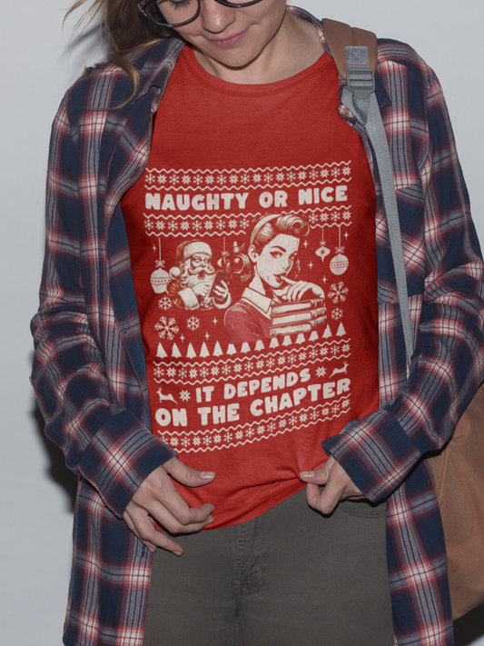 Naughty or Nice Vintage Reader T Shirt , Holiday Humor for Book Lovers